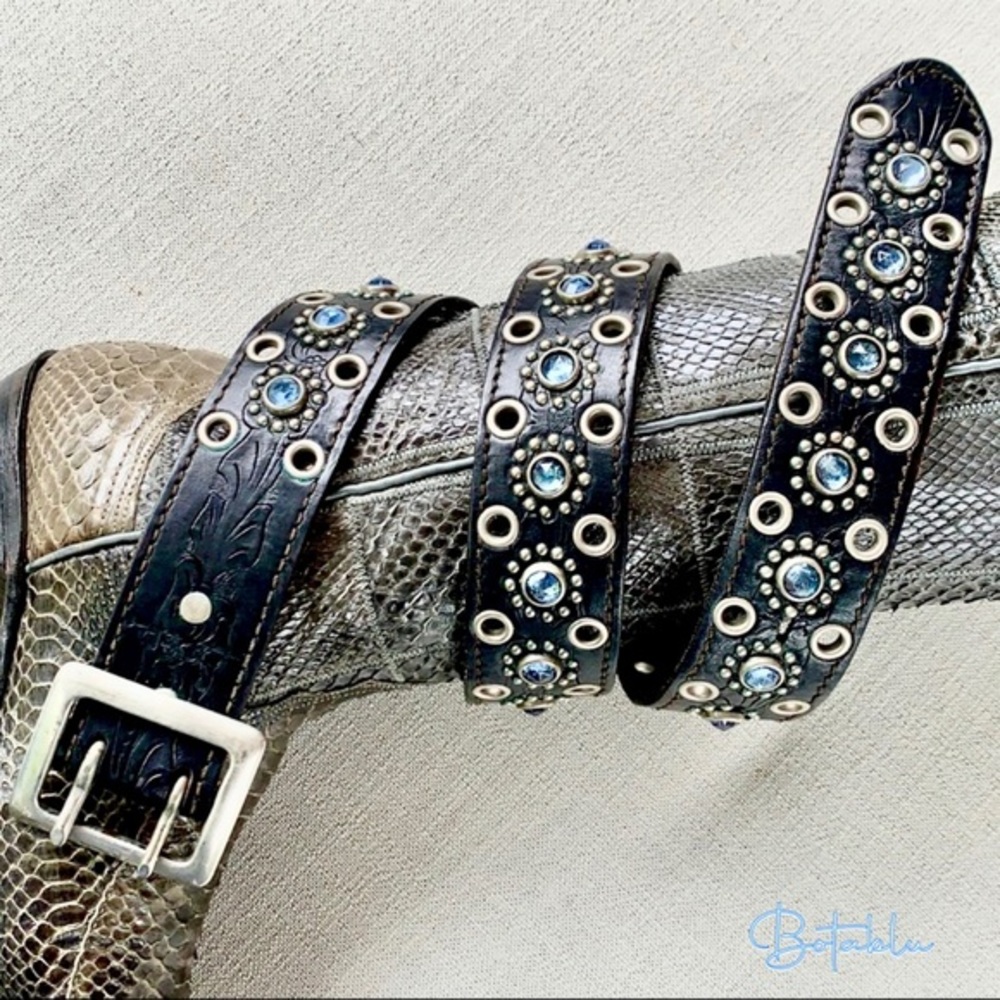 Jo-Ed Tooled Black Leather Blue Crystal Studded Belt Size 34